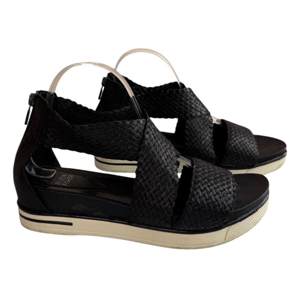 Eileen Fisher Sport Woven Leather Platform Sandal Sneakers Black Size 8